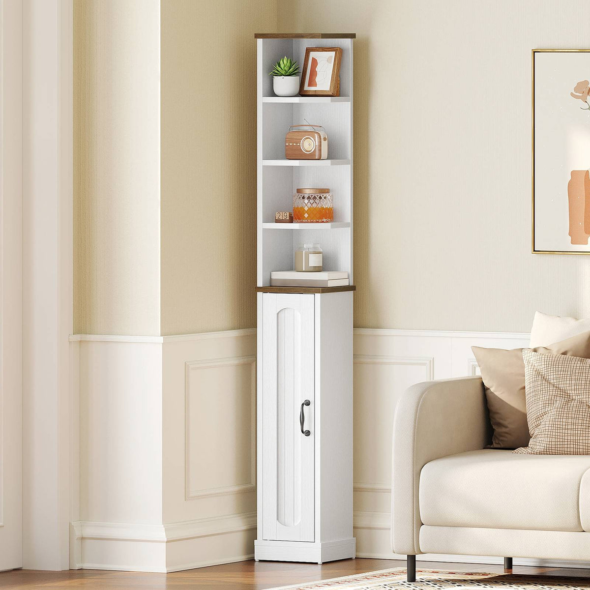 HOOBRO Tall Slim Corner Storage Cabinet with Door and Open Shelves for Bathroom