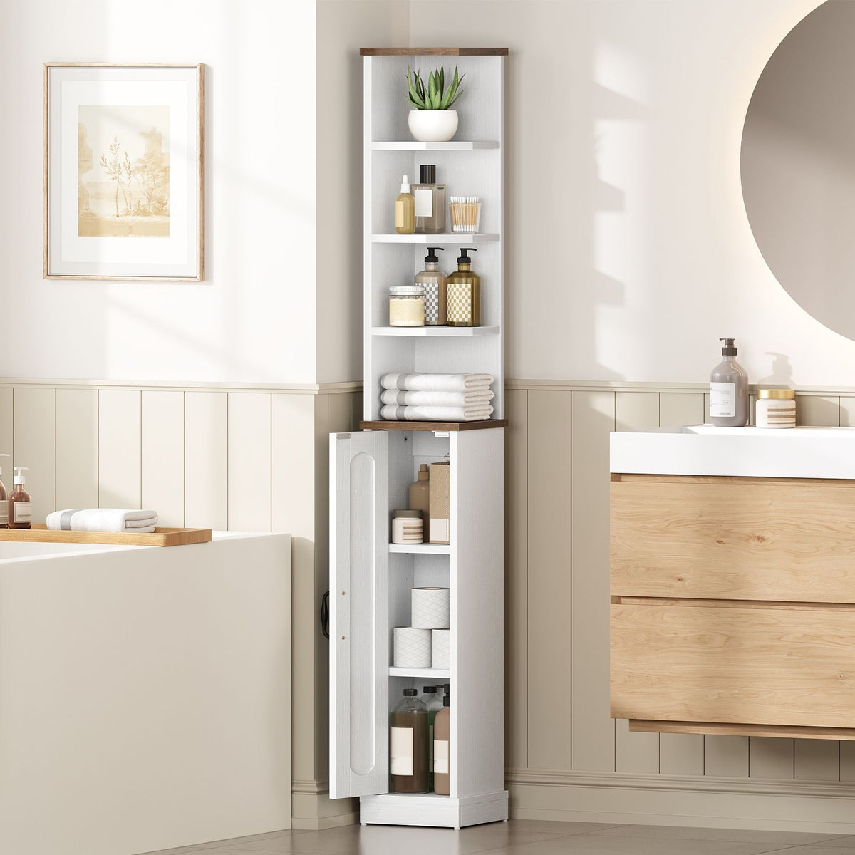 HOOBRO Tall Slim Corner Storage Cabinet with Door and Open Shelves for Bathroom