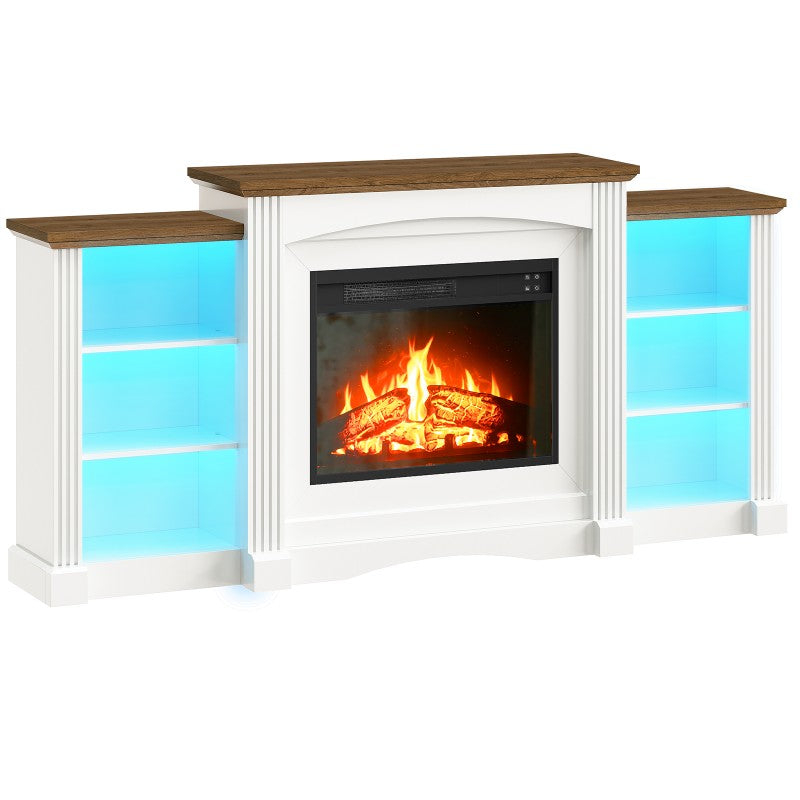 HOOBRO 74" Electric Fireplace with Mantel, Fireplace TV Stand with Led Light，Farmhouse Entertainment Center with Storage, Realistic Stacked Stone Surround and 3D Flame for Living Room