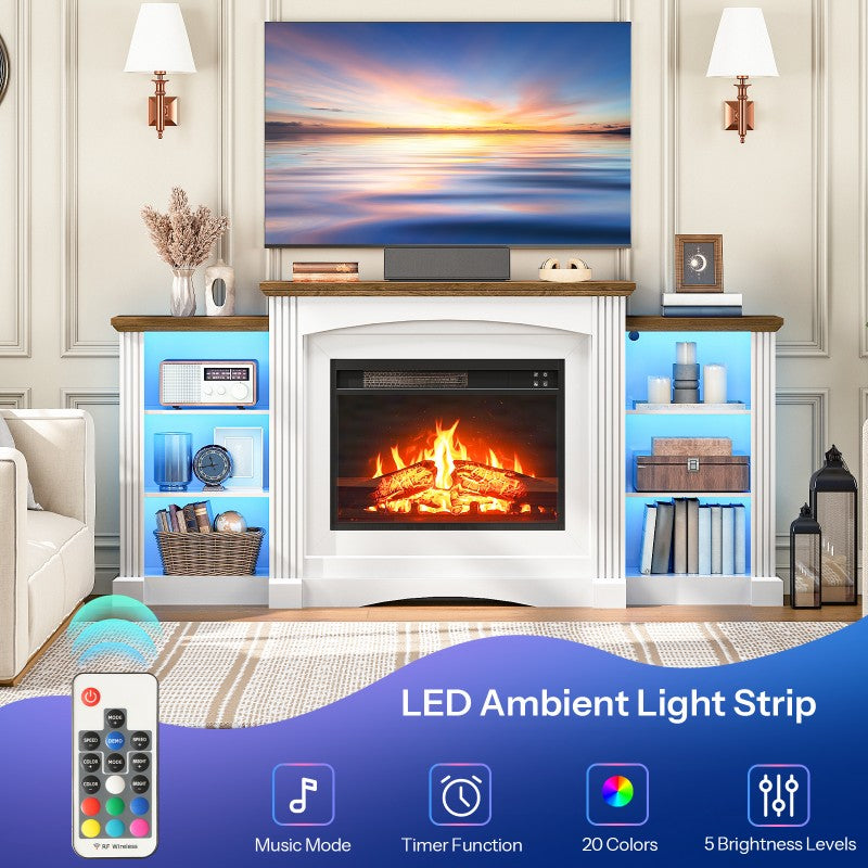 HOOBRO 74" Electric Fireplace with Mantel, Fireplace TV Stand with Led Light，Farmhouse Entertainment Center with Storage, Realistic Stacked Stone Surround and 3D Flame for Living Room