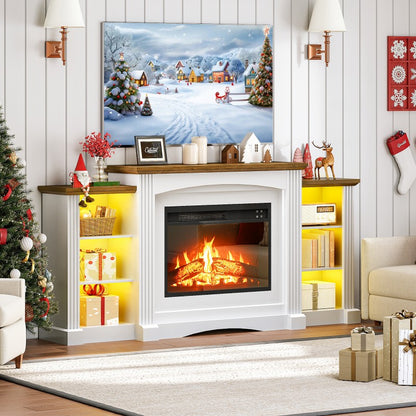 HOOBRO 74" Electric Fireplace with Mantel, Fireplace TV Stand with Led Light，Farmhouse Entertainment Center with Storage, Realistic Stacked Stone Surround and 3D Flame for Living Room