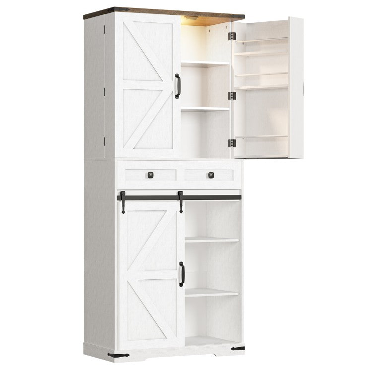 HOOBRO Farmhouse Kitchen Pantry Cabinet, 71.6” Storage Cabinet with LED Light and Sliding Barn Door, Pantry Cabinet with Adjustable Shelf and Drawer, for Kitchen, Dining Room