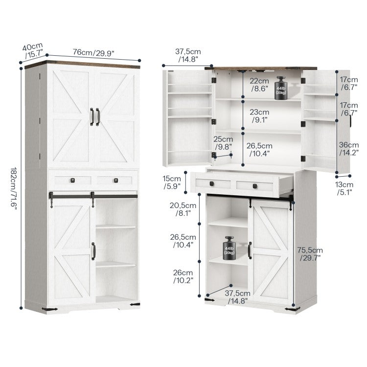 HOOBRO Farmhouse Kitchen Pantry Cabinet, 71.6” Storage Cabinet with LED Light and Sliding Barn Door, Pantry Cabinet with Adjustable Shelf and Drawer, for Kitchen, Dining Room