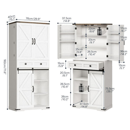 HOOBRO Farmhouse Kitchen Pantry Cabinet, 71.6” Storage Cabinet with LED Light and Sliding Barn Door, Pantry Cabinet with Adjustable Shelf and Drawer, for Kitchen, Dining Room