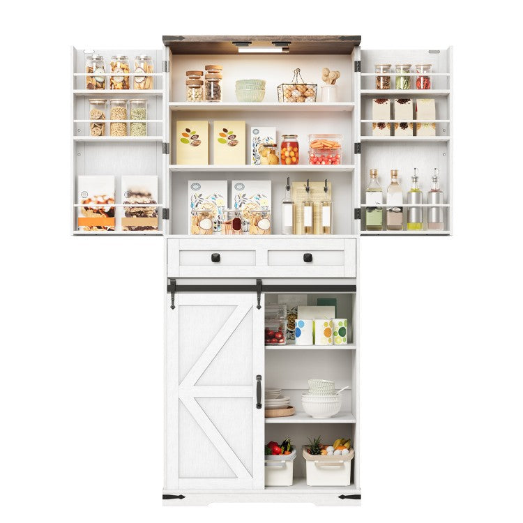 HOOBRO Farmhouse Kitchen Pantry Cabinet, 71.6” Storage Cabinet with LED Light and Sliding Barn Door, Pantry Cabinet with Adjustable Shelf and Drawer, for Kitchen, Dining Room
