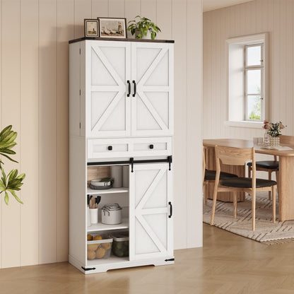 HOOBRO Farmhouse Kitchen Pantry Cabinet, 71.6” Storage Cabinet with LED Light and Sliding Barn Door, Pantry Cabinet with Adjustable Shelf and Drawer, for Kitchen, Dining Room