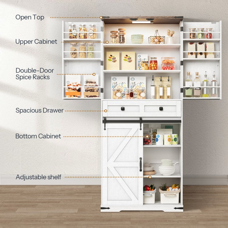 HOOBRO Farmhouse Kitchen Pantry Cabinet, 71.6” Storage Cabinet with LED Light and Sliding Barn Door, Pantry Cabinet with Adjustable Shelf and Drawer, for Kitchen, Dining Room