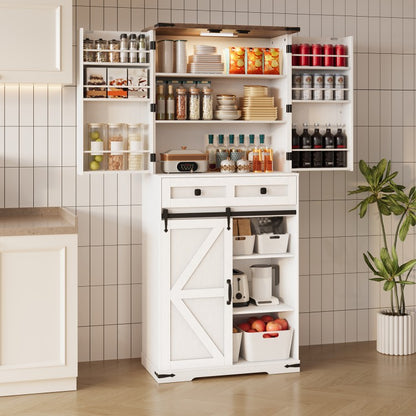 HOOBRO Farmhouse Kitchen Pantry Cabinet, 71.6” Storage Cabinet with LED Light and Sliding Barn Door, Pantry Cabinet with Adjustable Shelf and Drawer, for Kitchen, Dining Room