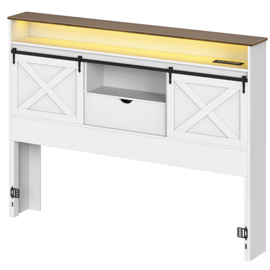 HOOBRO Headboard Queen Size with Storage, Farmhouse Queen Headboard Only with Charging Station and LED Lights, Bookcase Headboards with Flip-Down Drawer, Sliding Barn Doors