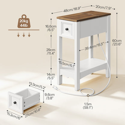 HOOBRO Slim Nightstand with Charging Station and Storage Drawer for Small Spaces