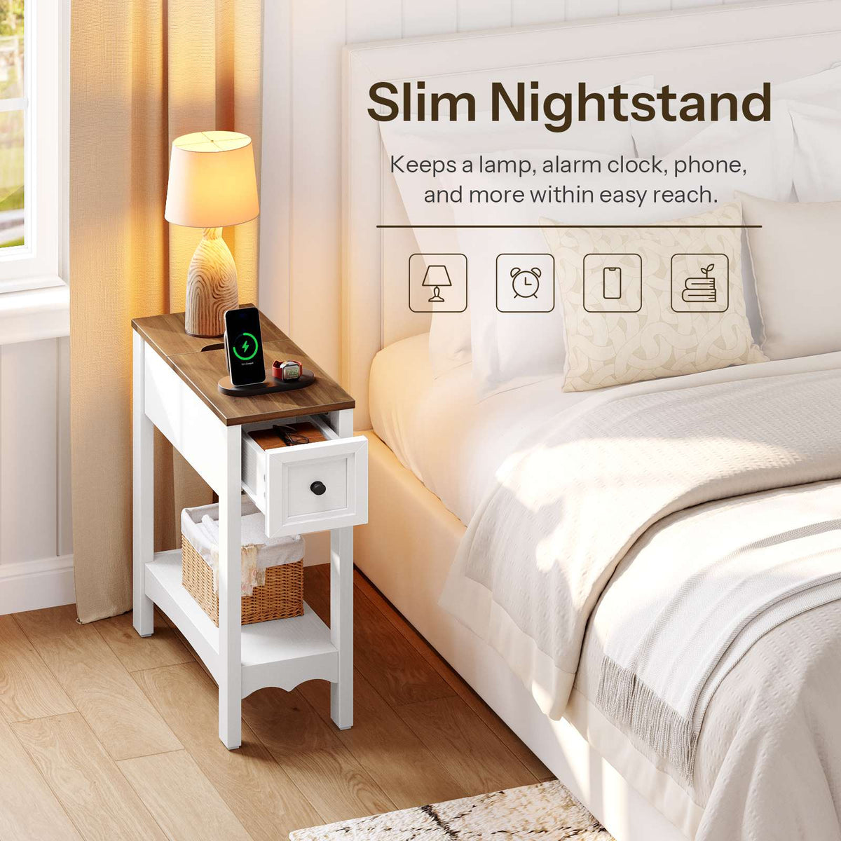 HOOBRO Slim Nightstand with Charging Station and Storage Drawer for Small Spaces