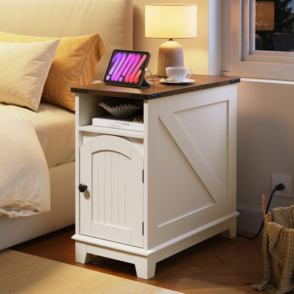 HOOBRO Narrow End Table, Slim Side Table Living Room, Farmhouse Nightstand with Charging Station, End Tables for Living Room, Sofa Side Table for Small Spaces, Flip Top