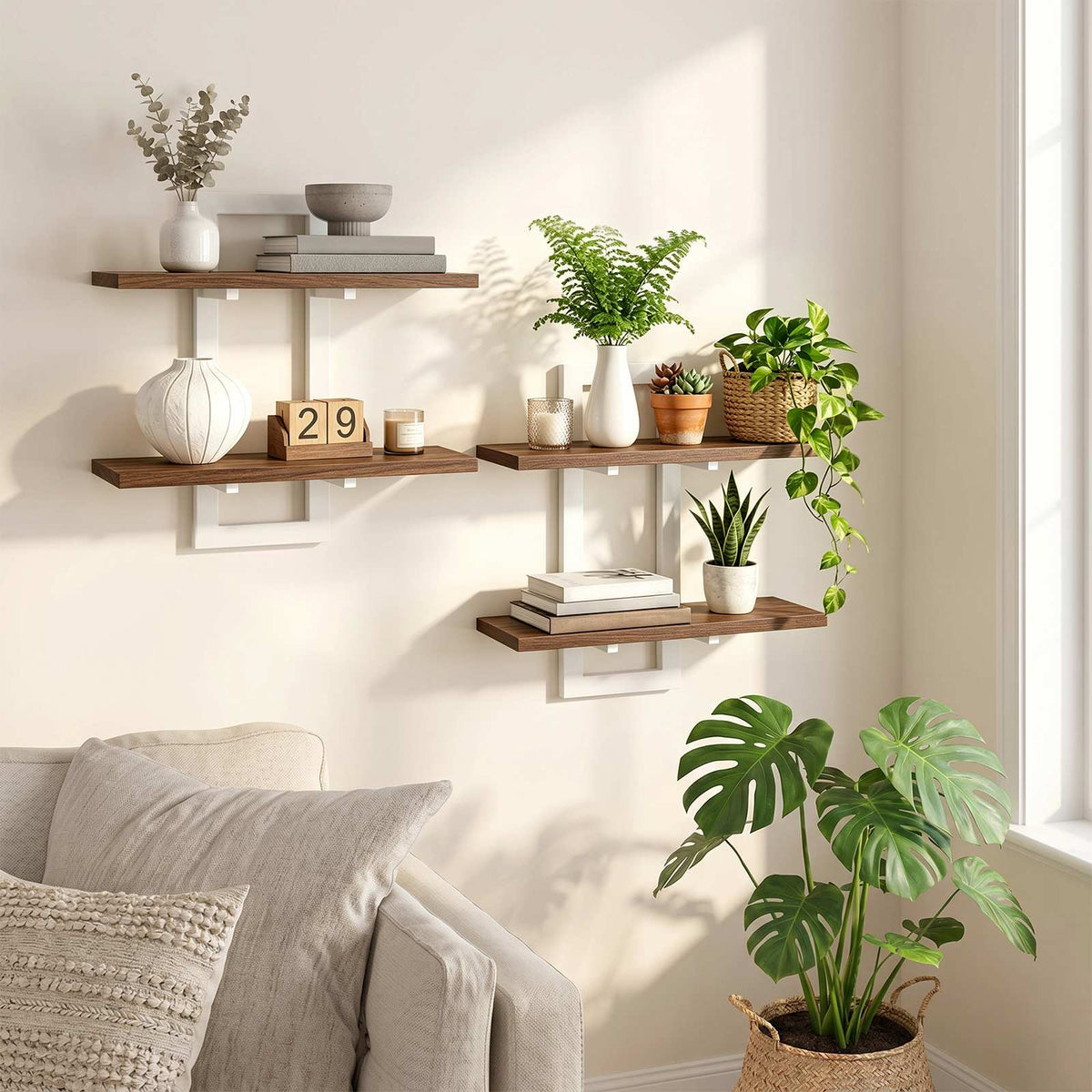 HOOBRO Wall Mounted 2-Tier Floating Shelves Set of 2, Rustic Display Storage Racks