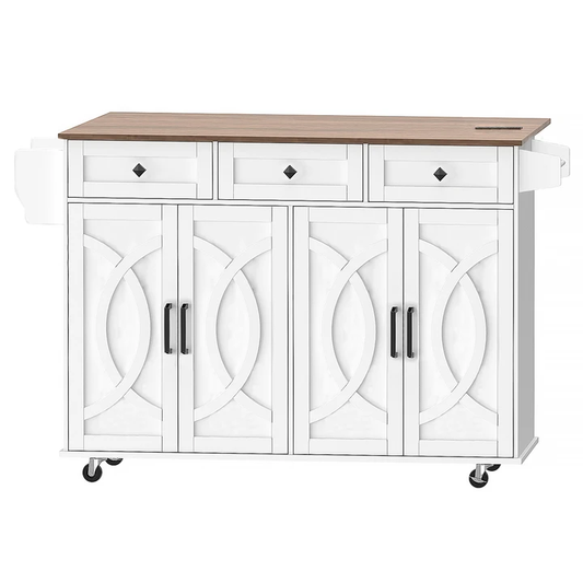 HOOBRO Kitchen Island with Drop Leaf, Rolling Kitchen Island with Storage and Power Outlet, Kitchen Cart with 3 Drawers and Adjustable Shelves, Towel and Spice Rack, for Dining Room