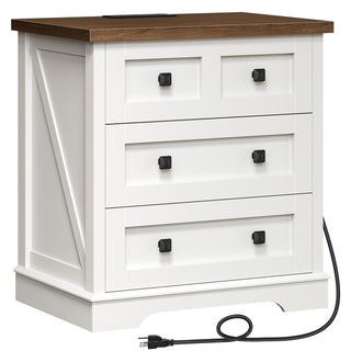 HOOBRO 23.6-inch Farmhouse White Wood Bedside Table with 3 Drawers & Charging Station