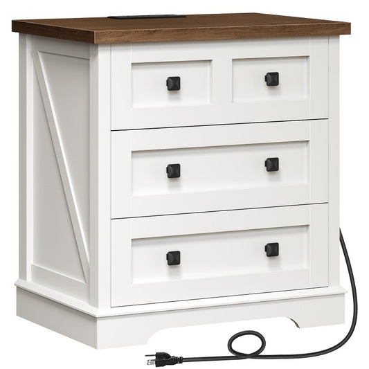 HOOBRO 23.6-inch Farmhouse White Wood Bedside Table with 3 Drawers & Charging Station
