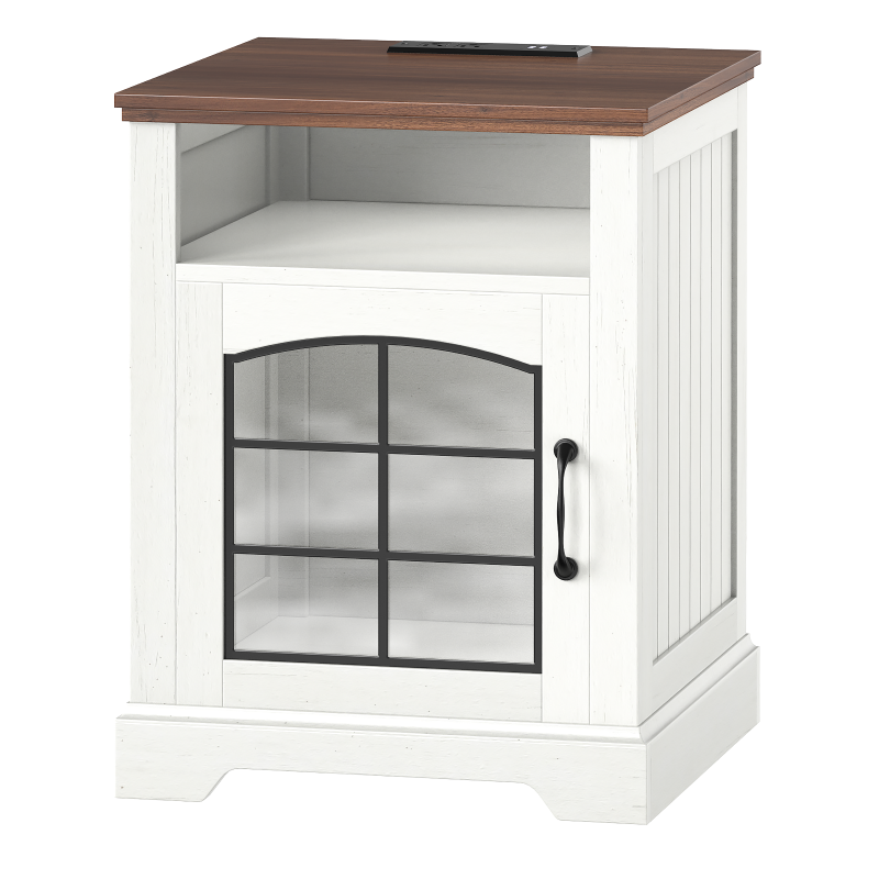 HOOBRO Farmhouse Nightstand with Charging Station, 17.7" Wide Rustic End Tables for Living Room, Wooden Sofa Side Table with Tempered Glass Barn Door and Open Shelf