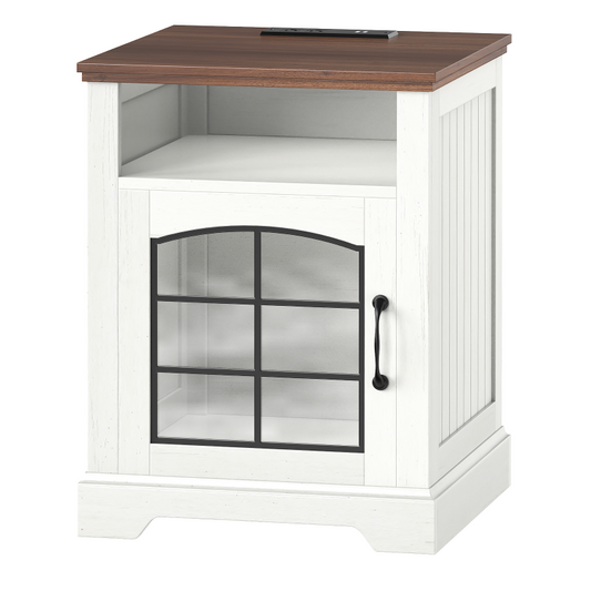 HOOBRO Farmhouse Nightstand with Charging Station, 17.7" Wide Rustic End Tables for Living Room, Wooden Sofa Side Table with Tempered Glass Barn Door and Open Shelf