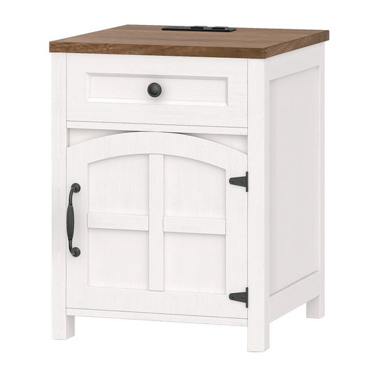 HOOBRO Farmhouse End Table with Charging Station, End Tables Living Room with Drawer, Rustic Nightstand with Arched Barn Door, Wooden Sofa Side Bedside Table