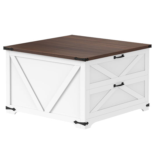 HOOBRO Lift Top Coffee Table with Storage, 31.5" Large Square Coffee Table with 2 Drawers, Large Hidden Space, White Farmhouse Coffee Table for Living Room, Home Office