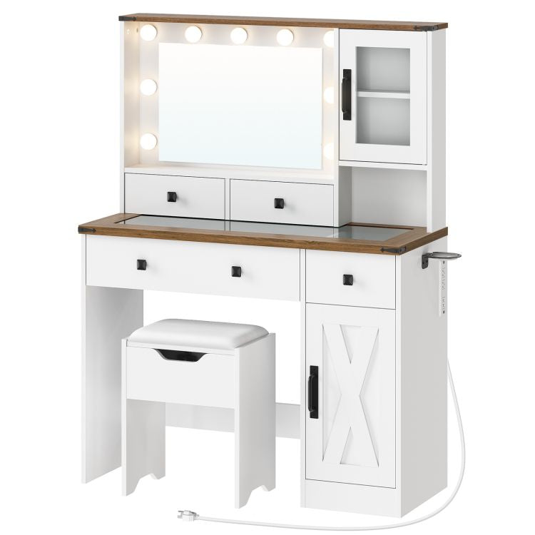 HOOBRO White Vanity Desk with Mirror, Lights and Charging Station, Glass Top Makeup Vanity Set with Drawers, Vanity Dressing Table with Mirror, Stool & Hair Dryer Stand