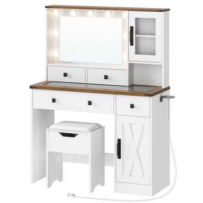 HOOBRO White Vanity Desk with Mirror, Lights and Charging Station, Glass Top Makeup Vanity Set with Drawers, Vanity Dressing Table with Mirror, Stool & Hair Dryer Stand