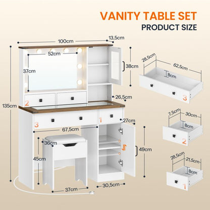 HOOBRO White Vanity Desk with Mirror, Lights and Charging Station, Glass Top Makeup Vanity Set with Drawers, Vanity Dressing Table with Mirror, Stool & Hair Dryer Stand