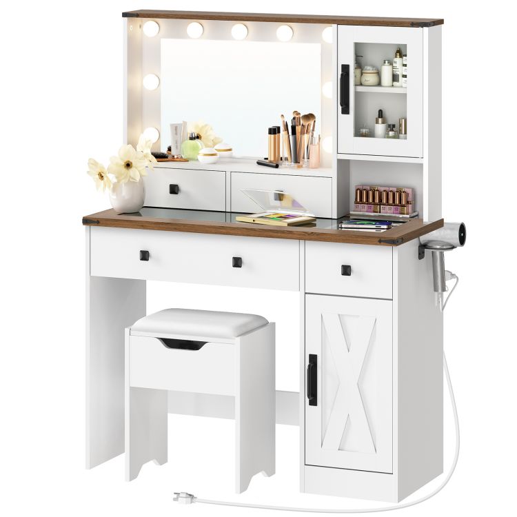 HOOBRO White Vanity Desk with Mirror, Lights and Charging Station, Glass Top Makeup Vanity Set with Drawers, Vanity Dressing Table with Mirror, Stool & Hair Dryer Stand