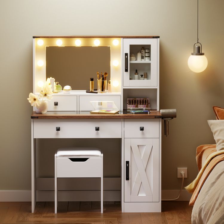 HOOBRO White Vanity Desk with Mirror, Lights and Charging Station, Glass Top Makeup Vanity Set with Drawers, Vanity Dressing Table with Mirror, Stool & Hair Dryer Stand