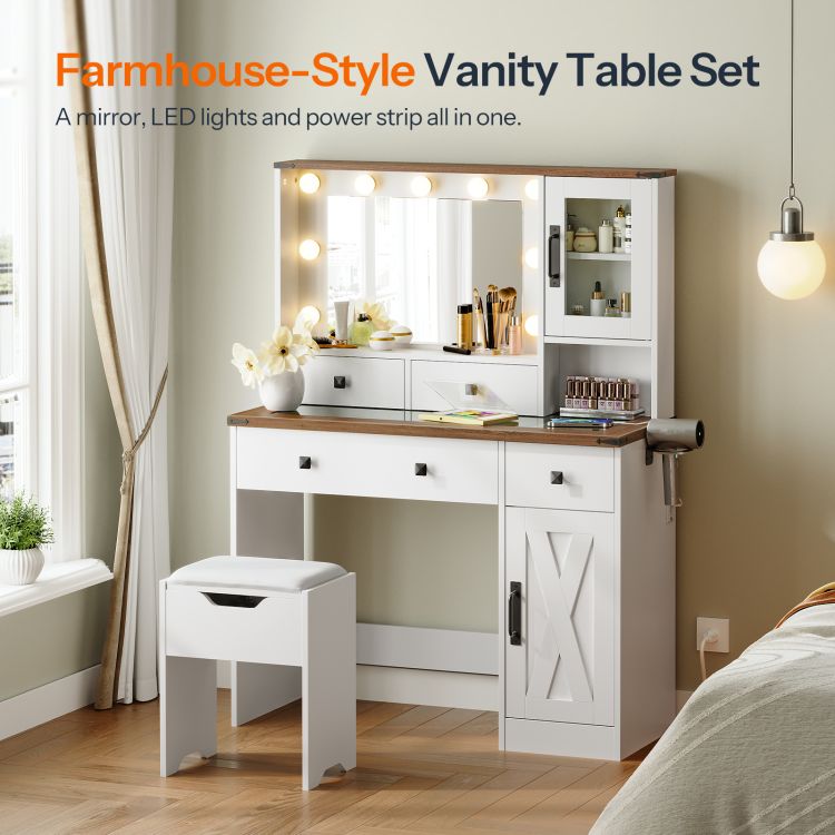 HOOBRO White Vanity Desk with Mirror, Lights and Charging Station, Glass Top Makeup Vanity Set with Drawers, Vanity Dressing Table with Mirror, Stool & Hair Dryer Stand
