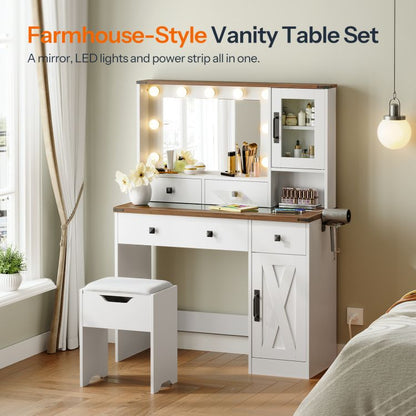 HOOBRO White Vanity Desk with Mirror, Lights and Charging Station, Glass Top Makeup Vanity Set with Drawers, Vanity Dressing Table with Mirror, Stool & Hair Dryer Stand