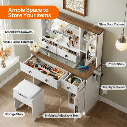 HOOBRO White Vanity Desk with Mirror, Lights and Charging Station, Glass Top Makeup Vanity Set with Drawers, Vanity Dressing Table with Mirror, Stool & Hair Dryer Stand