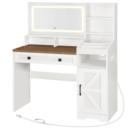 HOOBRO White Vanity Desk with Mirror and Lights, Farmhouse Vanity Makeup Desk with Charging Station, 41.5" Makeup Vanity Desk with Lighted Mirror, Power Outlet, Vanity Mirror with Lights Desk