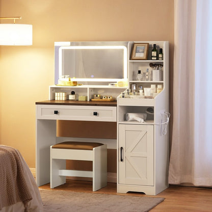 HOOBRO White Vanity Desk with Mirror and Lights, Farmhouse Vanity Makeup Desk with Charging Station, 41.5" Makeup Vanity Desk with Lighted Mirror, Power Outlet, Vanity Mirror with Lights Desk