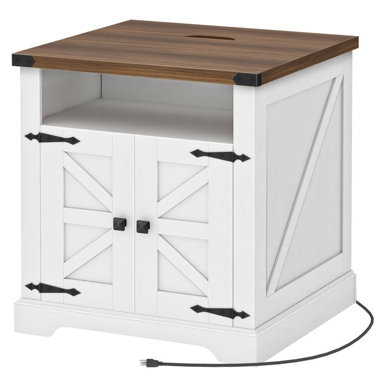 HOOBRO Farmhouse End Table with Charging Station, Flip Top Large End Table, 24" Large Sofa Side Table with Barn Door, Square Nightstand with Open Storage, for Living Room