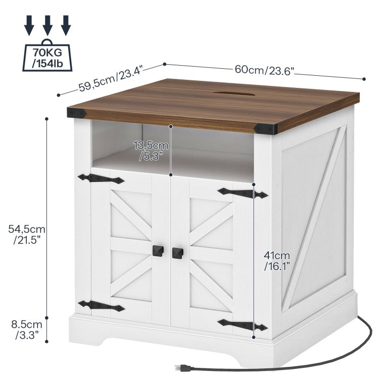 HOOBRO Farmhouse End Table with Charging Station, Flip Top Large End Table, 24" Large Sofa Side Table with Barn Door, Square Nightstand with Open Storage, for Living Room