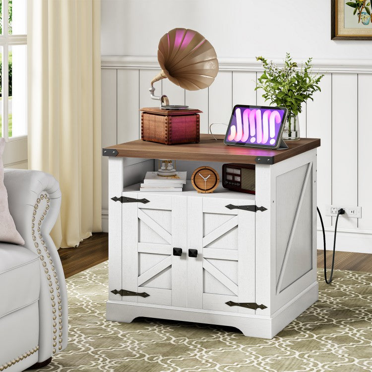 HOOBRO Farmhouse End Table with Charging Station, Flip Top Large End Table, 24" Large Sofa Side Table with Barn Door, Square Nightstand with Open Storage, for Living Room