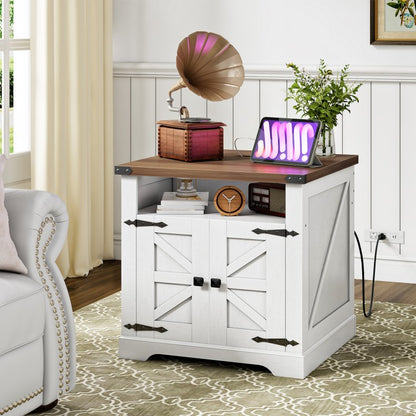 HOOBRO Farmhouse End Table with Charging Station, Flip Top Large End Table, 24" Large Sofa Side Table with Barn Door, Square Nightstand with Open Storage, for Living Room