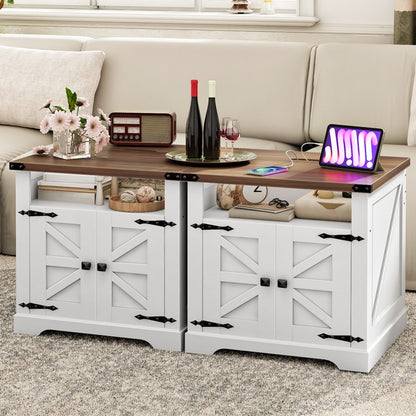 HOOBRO Farmhouse End Table with Charging Station, Flip Top Large End Table, 24" Large Sofa Side Table with Barn Door, Square Nightstand with Open Storage, for Living Room