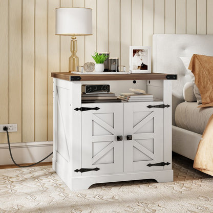 HOOBRO Farmhouse End Table with Charging Station, Flip Top Large End Table, 24" Large Sofa Side Table with Barn Door, Square Nightstand with Open Storage, for Living Room