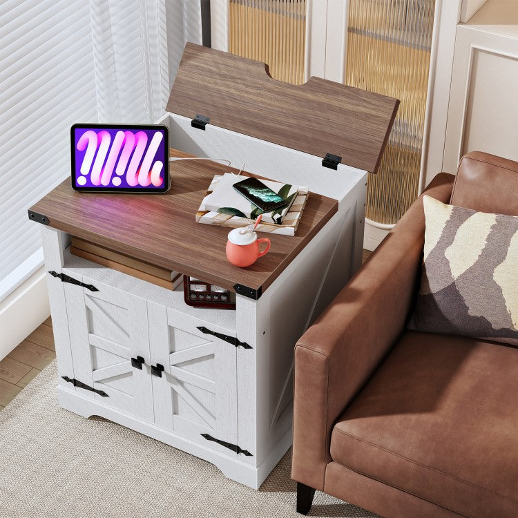 HOOBRO Farmhouse End Table with Charging Station, Flip Top Large End Table, 24" Large Sofa Side Table with Barn Door, Square Nightstand with Open Storage, for Living Room