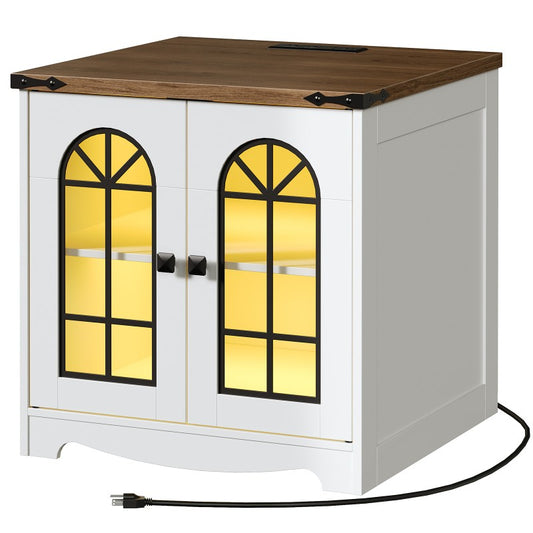 HOOBRO Farmhouse End Table, 23.6" Large Square Side Tables with Charging Station and LED Lights, Large End Table for Living Room, Wooden Nightstand with Glass Barn Door