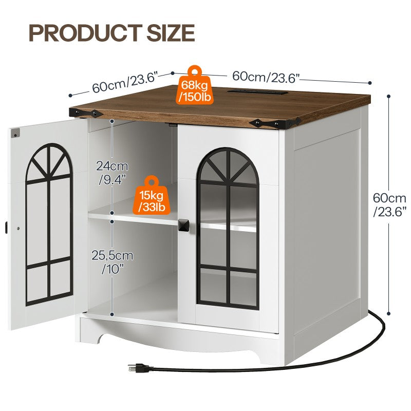 HOOBRO Farmhouse End Table, 23.6" Large Square Side Tables with Charging Station and LED Lights, Large End Table for Living Room, Wooden Nightstand with Glass Barn Door