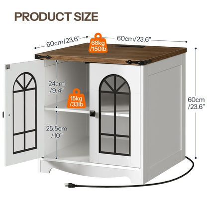 HOOBRO Farmhouse End Table, 23.6" Large Square Side Tables with Charging Station and LED Lights, Large End Table for Living Room, Wooden Nightstand with Glass Barn Door