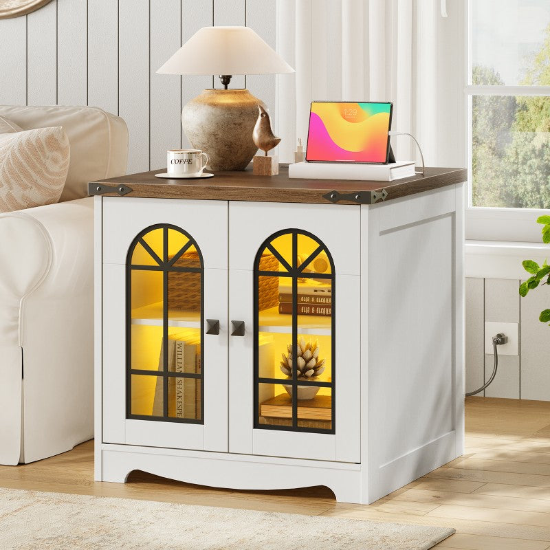 HOOBRO Farmhouse End Table, 23.6" Large Square Side Tables with Charging Station and LED Lights, Large End Table for Living Room, Wooden Nightstand with Glass Barn Door