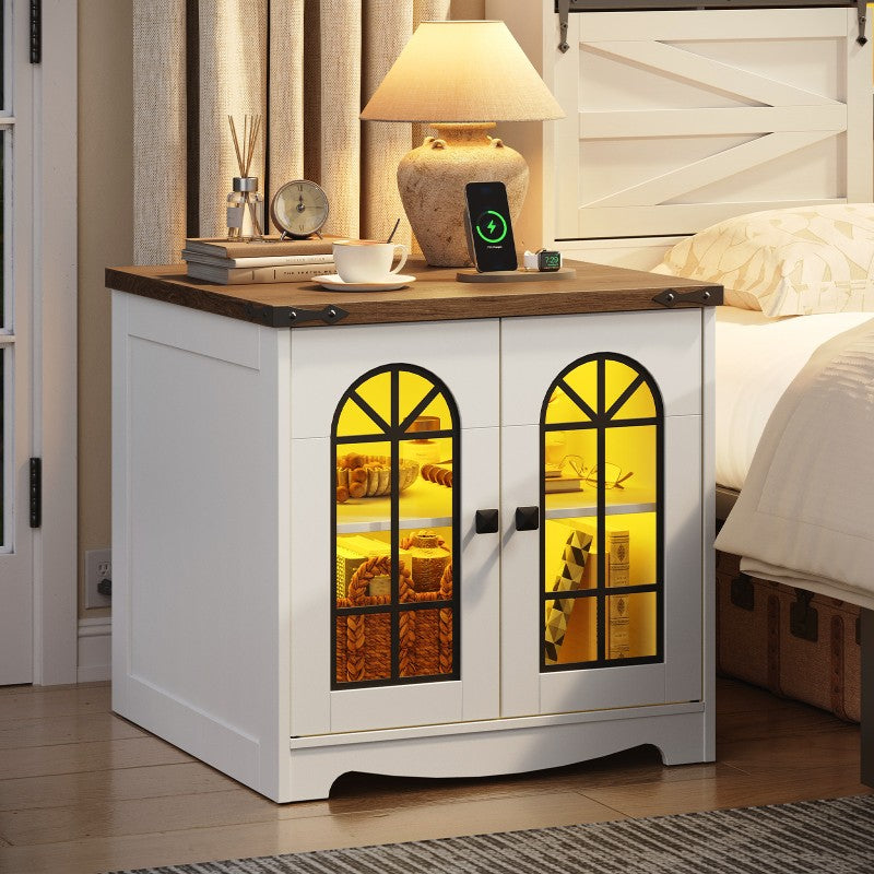 HOOBRO Farmhouse End Table, 23.6" Large Square Side Tables with Charging Station and LED Lights, Large End Table for Living Room, Wooden Nightstand with Glass Barn Door