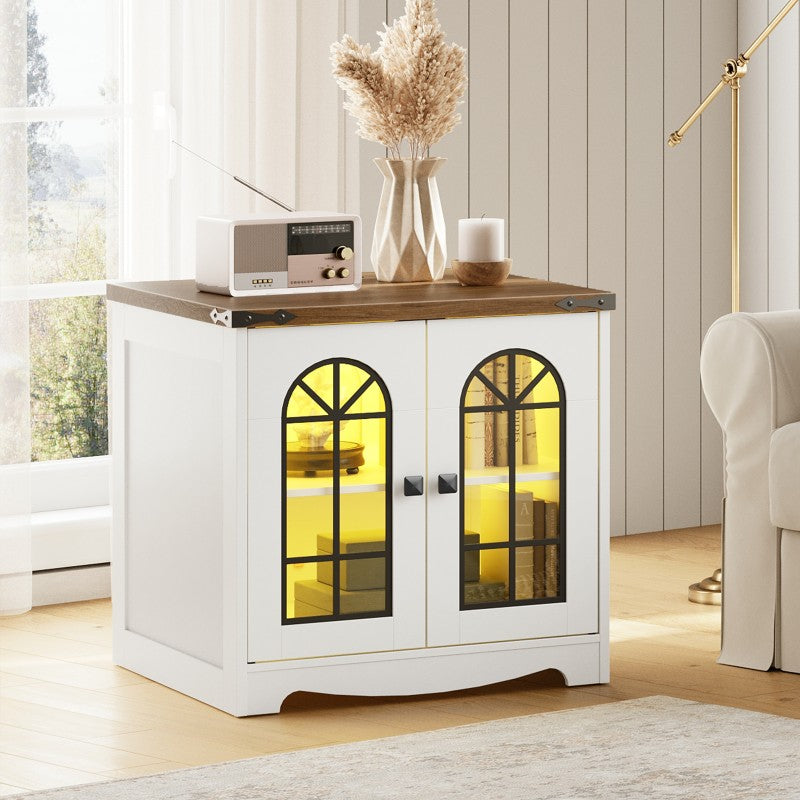 HOOBRO Farmhouse End Table, 23.6" Large Square Side Tables with Charging Station and LED Lights, Large End Table for Living Room, Wooden Nightstand with Glass Barn Door