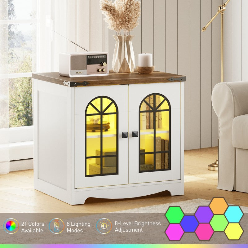 HOOBRO Farmhouse End Table, 23.6" Large Square Side Tables with Charging Station and LED Lights, Large End Table for Living Room, Wooden Nightstand with Glass Barn Door