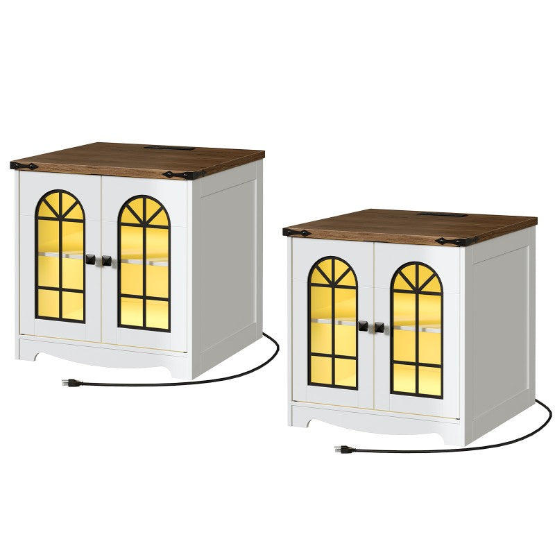 HOOBRO Farmhouse End Table, 23.6" Large Square Side Tables with Charging Station and LED Lights, Large End Table for Living Room, Wooden Nightstand with Glass Barn Door