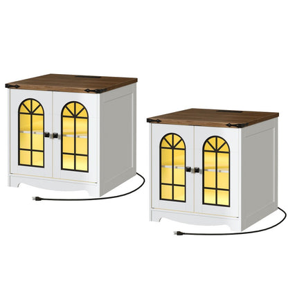 HOOBRO Farmhouse End Table, 23.6" Large Square Side Tables with Charging Station and LED Lights, Large End Table for Living Room, Wooden Nightstand with Glass Barn Door